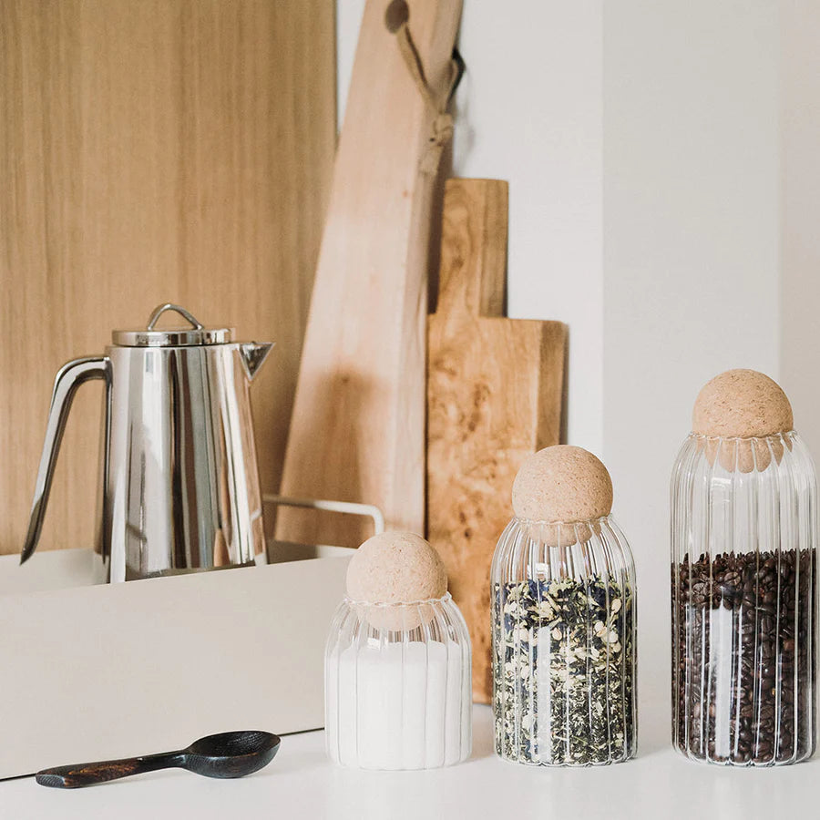 Ribbed Glass and Cork Pantry Storage Jar - Set of 3